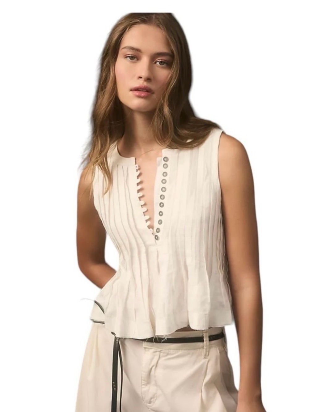 Anthropologie White Sleeveless Pleated Henley Tank - size Large